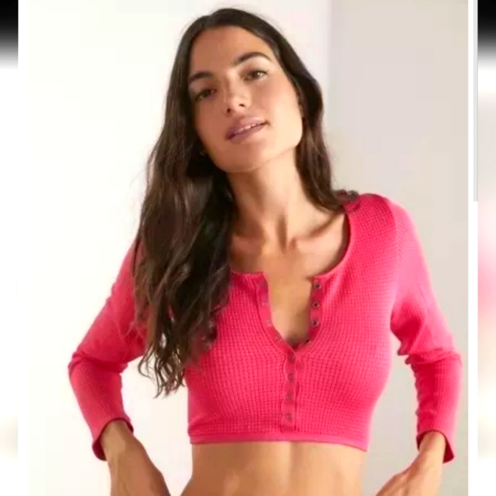 UO Out From Under Seamless Thermal Waffle Hot Pink Crop Top Size XL